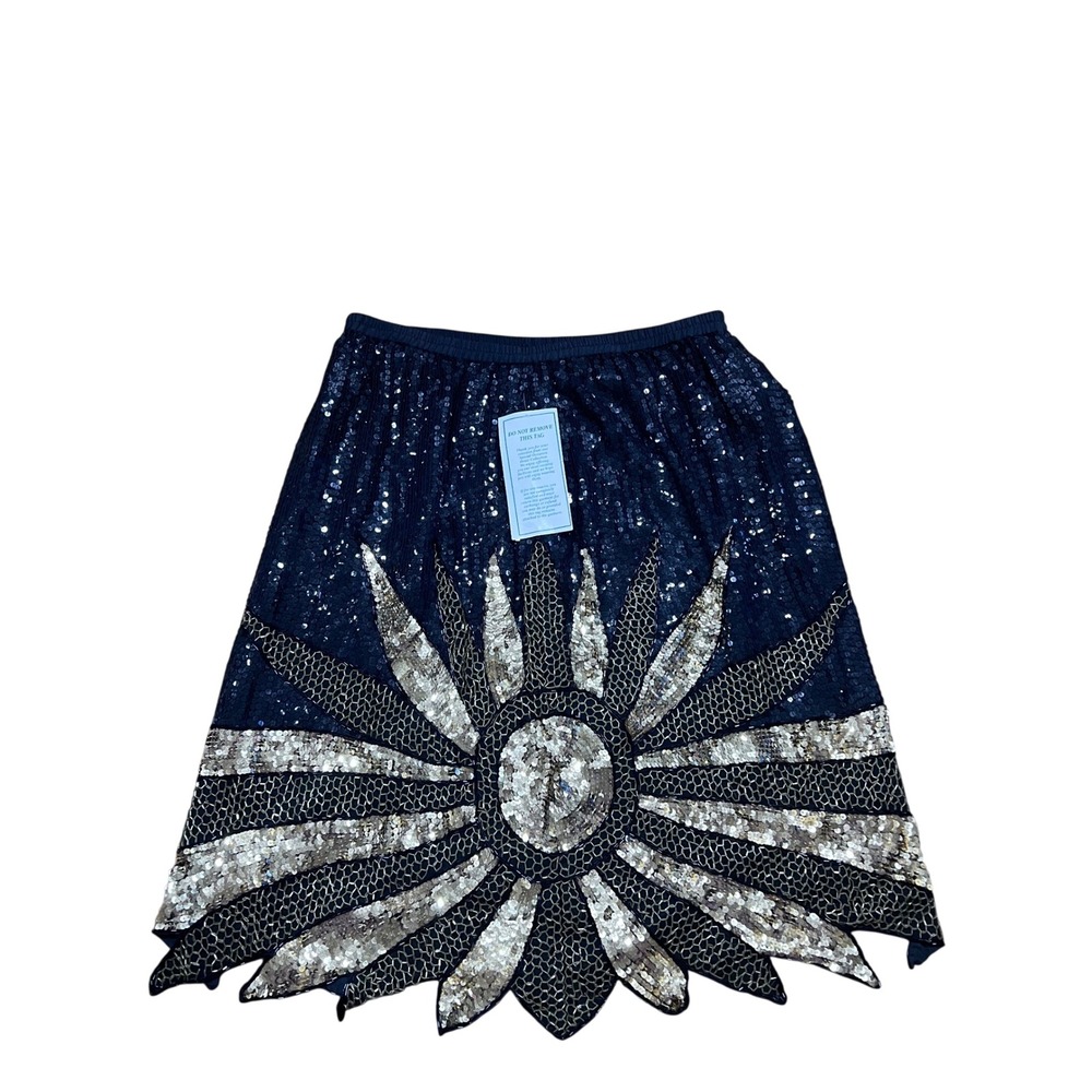 Vintage Joseph Le Bon Black Silk Sequin Sunburst Midi Skirt Gold Silver 22W NWT